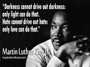 Darkness cannot drive out darkness: only light can do that. Hate cannot frive out hate; only love can do that. Martin Luther King Jr